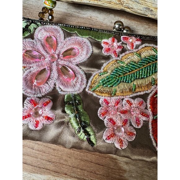 Floral Embroidered Satin Clutch Purse With Beaded Handle - Picture 2 of 8